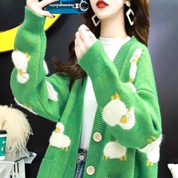 OVERSIZED ONE SIZE GREEN V-NECK CARDIGAN WITH WHITE SHEEP KNIT INTO THE SWEATER - Picture 1 of 3